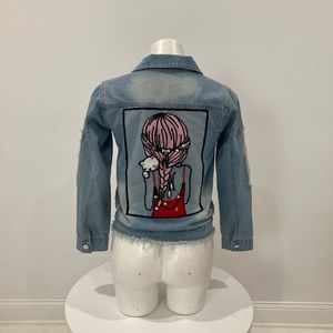Blue Distressed Denim Jacket Mesh Gold Sequins Embroidery Girl Holding Cat M